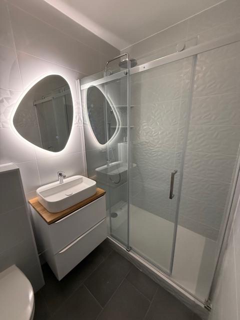 Douche à paroi vitrée, vasque et miroir ovale rétroéclairé