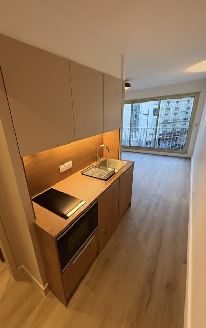 Cuisine linéaire en bois, vue depuis l’entrée